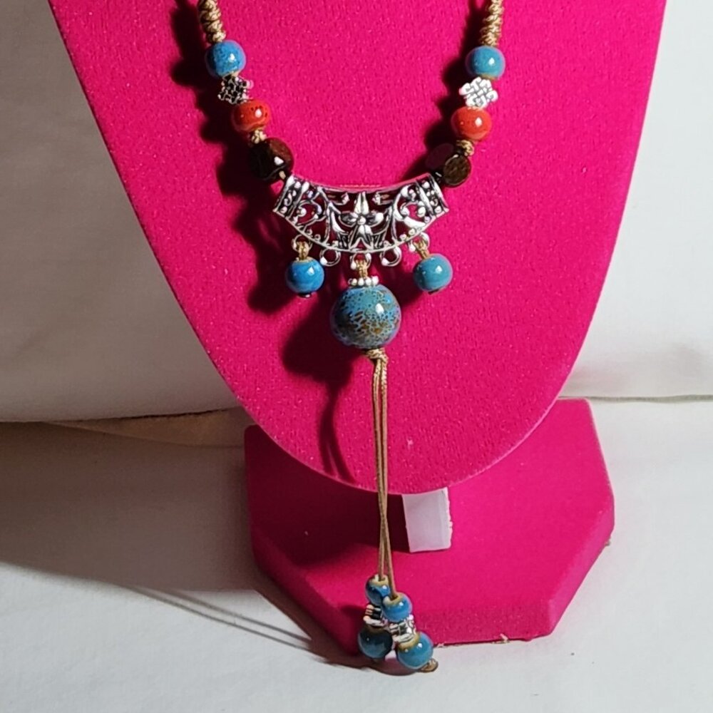 THREE FOR $20 Bohemian style necklace costume blue red beads NIP